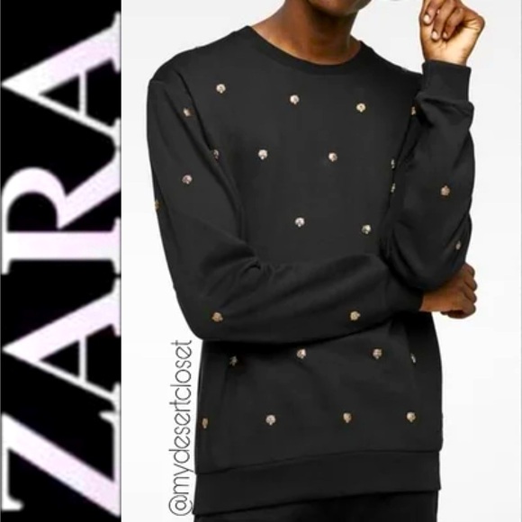 Zara Vintage Gold Skull studded black crewneck sweater pullover Halloween spooky - Picture 1 of 7